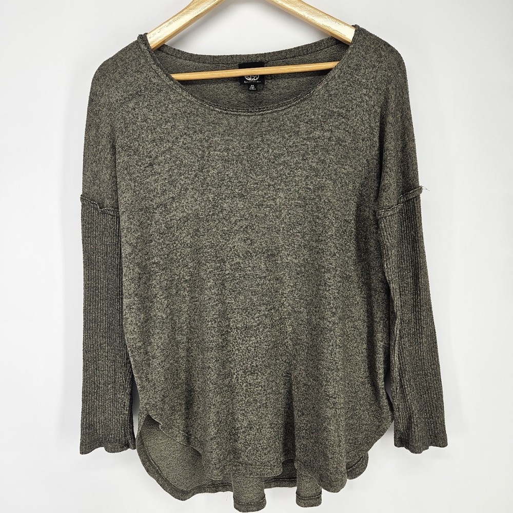 Bobeau Knit Top Womens Medium Olive Green Marled Long Sleeve High Low Scoop Neck